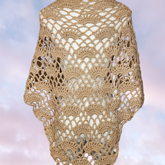 Vtg 70s Tan Beige Hand Knit Beach Cover Up Festival Boho Coachella Hippie Shawl - Picture 5 of 5